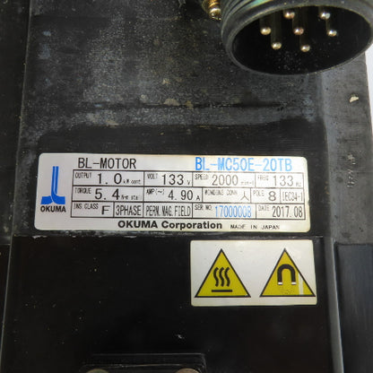 Okuma BL-MC50E-20TB 1kW 2000RPM 3Ph 133V 133Hz Servo Motor W/Encoder