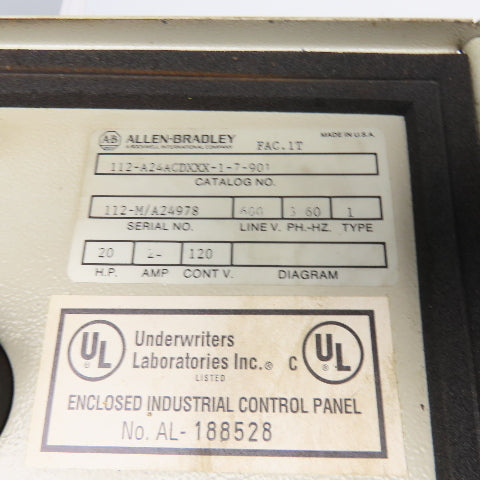 Allen Bradley 112-A24 600V Combination Starter 20Hp 120V Control Parts/Repair