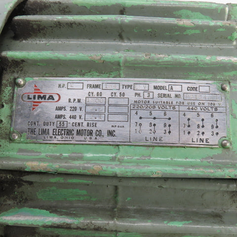 Lima Model A 2HP AC Electric Motor 1800RPM 208-220/440V 3PH 184 Frame