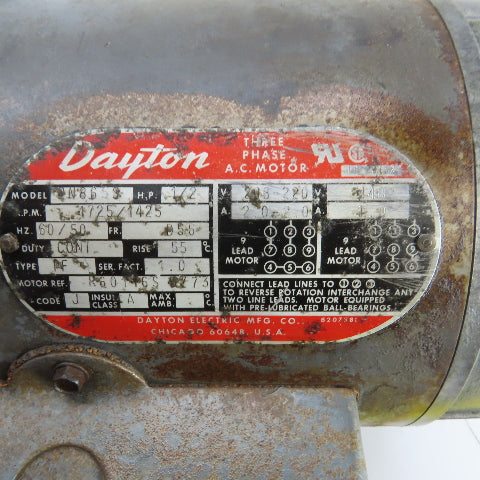 Dayton 2N865S 1/2HP AC Electric Motor 1725/1425RPM 208-220/440V 3PH D56 Frame