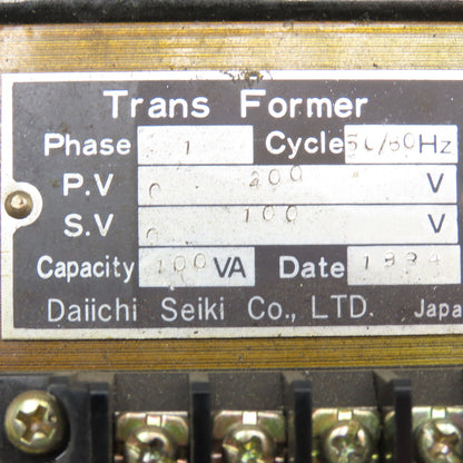 Daiichi Seiki 200V Pri 100V Sec 100VA 1Ph Transformer