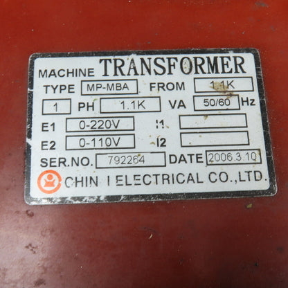 Chin I Electrical MP-MBA 0-220V Pri 1.1kVa 1Ph 0-110V Sec. 50/60Hz Transformer