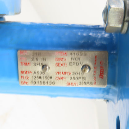 Bray Ser. 31H 2-1/2" Manual Butterfly Valve 250PSI 4-Bolt 7" Flange OD