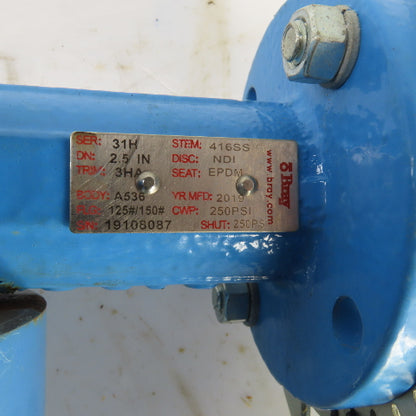 Bray Ser. 31H 2-1/2" Manual Butterfly Valve 250PSI 4-Bolt 7" Flange OD