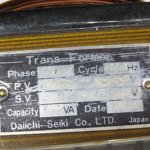 Daiichi Seiki 200V Pri 100V Sec 50/60Hz 600VA Single Phase Transformer