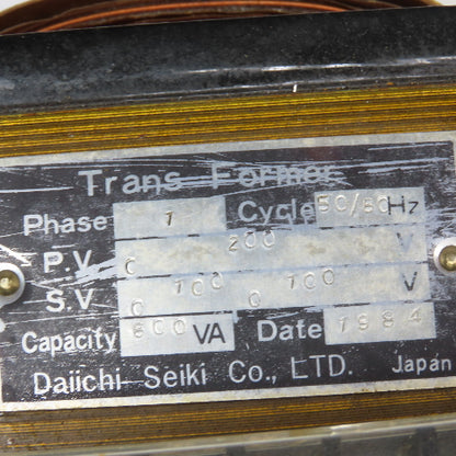 Daiichi Seiki 200V Pri 100V Sec 50/60Hz 600VA Single Phase Transformer