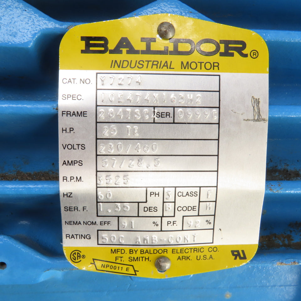 Baldor Y7274 25HP AC Electric Motor 3525RPM 230/460V 3PH 284TSCZ Frame