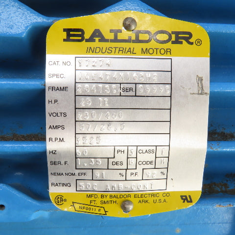 Baldor Y7274 25HP AC Electric Motor 3525RPM 230/460V 3PH 284TSCZ Frame