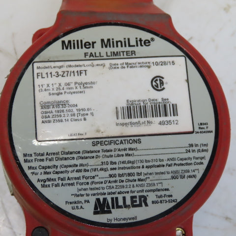 Honneywell Miller MiniLite FL11-3-Z7/11FT Fall Limiter Self-Retracting Lanyard