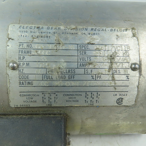 Leeson Washguard 1/3Hp Stainless Steel Electric Motor 1725RPM 3PH F56C Frame