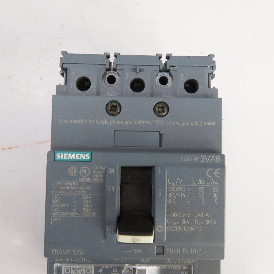 Siemens 3VA5160-4EC31 60A Molded Case Circuit Breaker 600V Adjustable Trip