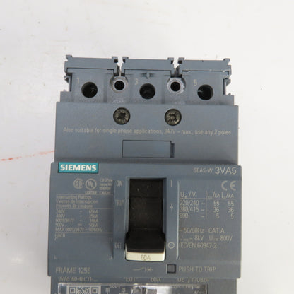Siemens 3VA5160-4EC31 60A Molded Case Circuit Breaker 600V Adjustable Trip