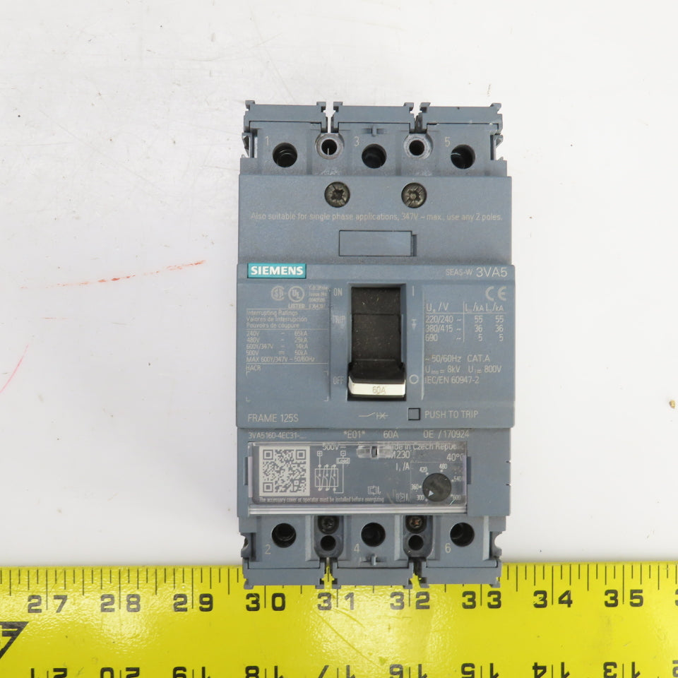Siemens 3VA5160-4EC31 60A Molded Case Circuit Breaker 600V Adjustable Trip