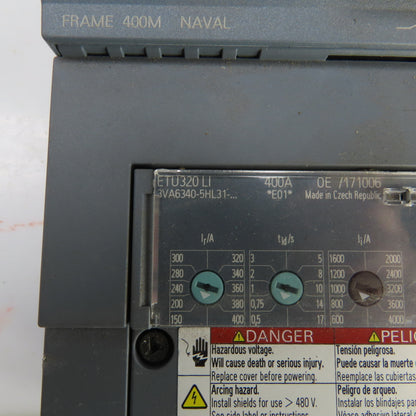 Siemens 3VA6340-5HL31 400A Molded Case Circuit Breaker 600V Adjustable Trip