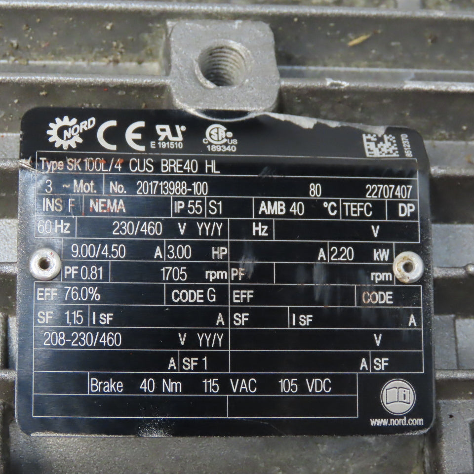 Nord SK4282AZG-100L/8-2BRE 3 Hp Gear Box Speed Reducer 23/460V 3Ph 110.78 To 1