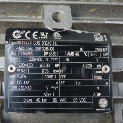 Nord SK4282AZG-100L/8-2BRE 3 Hp Gear Box Speed Reducer 23/460V 3Ph 110.78 To 1