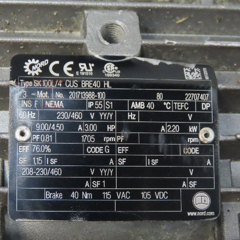 Nord SK4282AZG-100L/8-2BRE 3 Hp Gear Box Speed Reducer 23/460V 3Ph 110.78 To 1