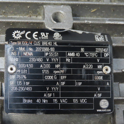 Nord SK4282AZG-100L/8-2BRE 3 Hp Gear Box Speed Reducer 23/460V 3Ph 110.78 To 1