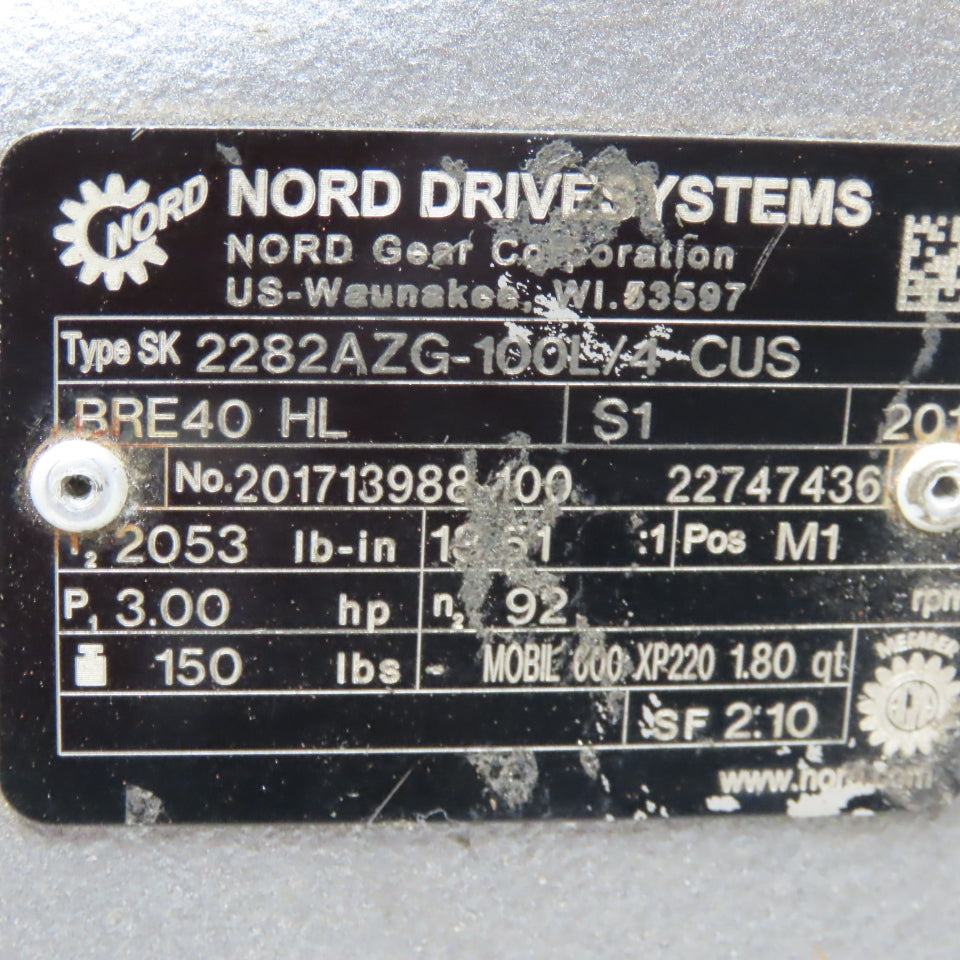 Nord SK4282AZG-100L/8-2BRE 3 Hp Gear Box Speed Reducer 23/460V 3Ph 110.78 To 1