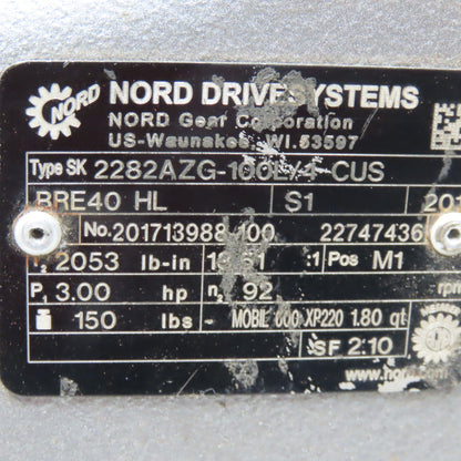 Nord SK4282AZG-100L/8-2BRE 3 Hp Gear Box Speed Reducer 23/460V 3Ph 110.78 To 1