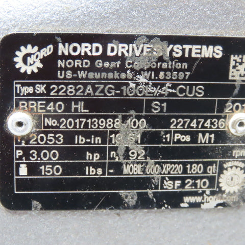Nord SK4282AZG-100L/8-2BRE 3 Hp Gear Box Speed Reducer 23/460V 3Ph 110.78 To 1