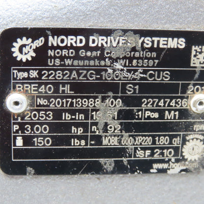 Nord SK4282AZG-100L/8-2BRE 3 Hp Gear Box Speed Reducer 23/460V 3Ph 110.78 To 1