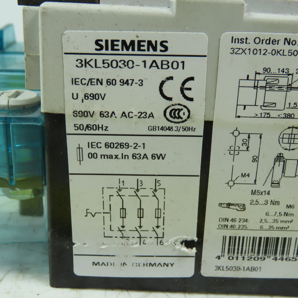Siemens 3KL5030-1AB01 Disconnect Load Isolator 690V 63A 3P W/3NA6 803 10A Fuses