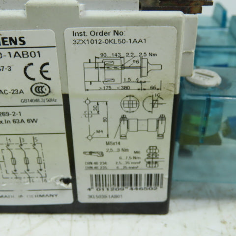 Siemens 3KL5030-1AB01 Disconnect Load Isolator 690V 63A 3P W/3NA6 803 10A Fuses
