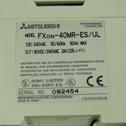 MITSUBISHI Fxon-40MR-ES/UL PLC Programmable Controller 100-240VAC 50/60Hz 2A