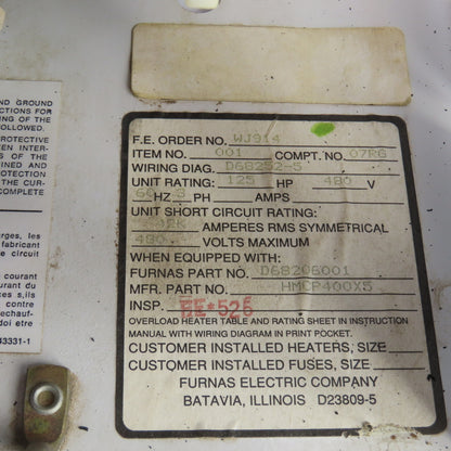 Furnas 125HP Motor Control Center Bucket 480V 3PH 14-3/4 Wx35-1/4H Missing Parts