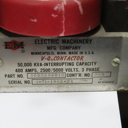 Electric Machinery 360D696G10 400A 2500/5000V 3Ph Vacuum VQ Contactor