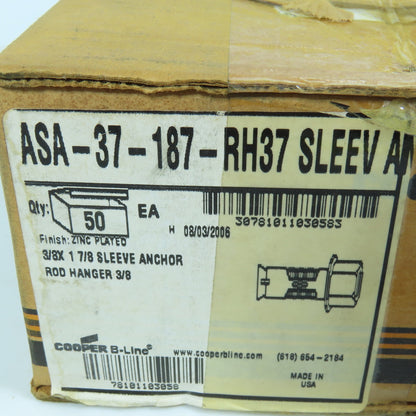 Cooper ASA-37-187RH37 B-Line 1/2"x 2-1/4" Sleeve Anchor 3/8" Rod Hanger Lot/47