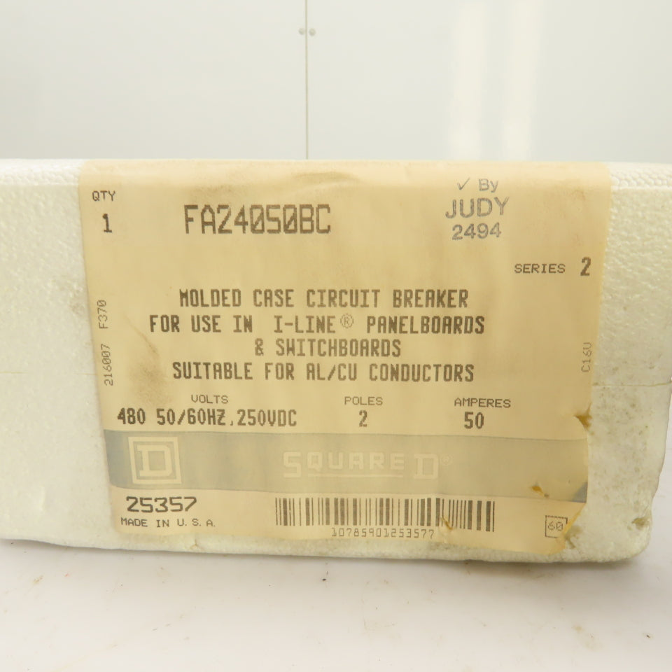 Square D FA24050BC 50A Molded Case Circuit Breaker 480V 2-Pole For I-Line Panel