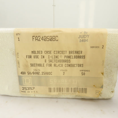 Square D FA24050BC 50A Molded Case Circuit Breaker 480V 2-Pole For I-Line Panel