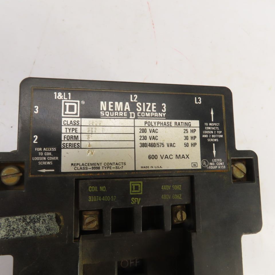 Square D Class 8536 SE0-1 Size 3 Motor Starter 600V AC 25-50HP 480V Coil