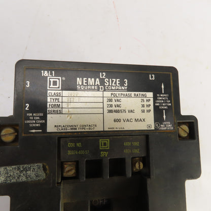 Square D Class 8536 SE0-1 Size 3 Motor Starter 600V AC 25-50HP 480V Coil