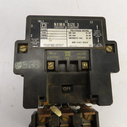 Square D Class 8536 SE0-1 Size 3 Motor Starter 600V AC 25-50HP 480V Coil