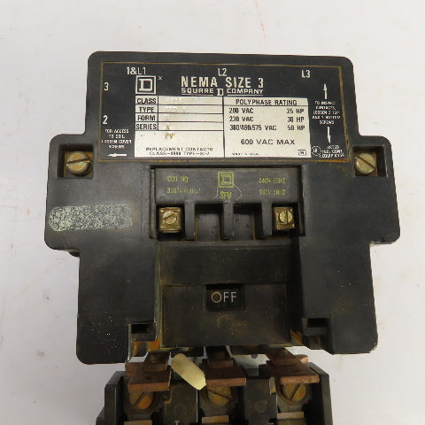 Square D Class 8536 SE0-1 Size 3 Motor Starter 600V AC 25-50HP 480V Coil