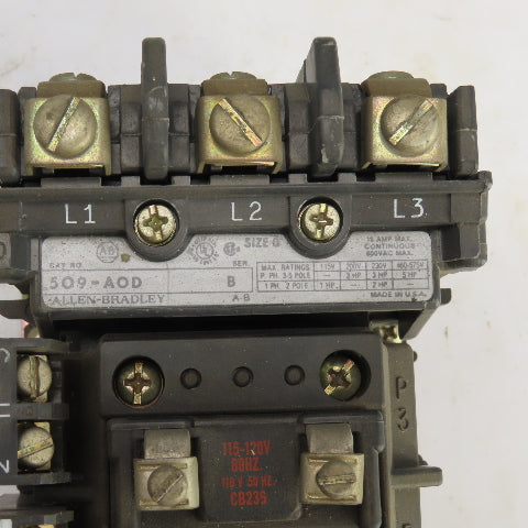 Allen Bradley 509-AOD Ser B Size 0 18A Motor Starter 600V 1 To 5HP 120V Coil