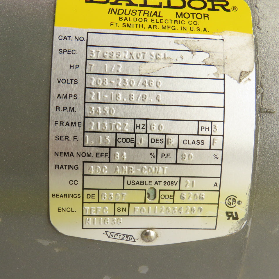 Baldor 7-1/2HP AC Electric Motor 3450RPM 230/460V 3PH 213TCZ Frame Smooth Shaft