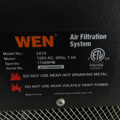 Wen 3410 3-Speed Air Filtration System 120V 1PH 1.0A (No Remote)