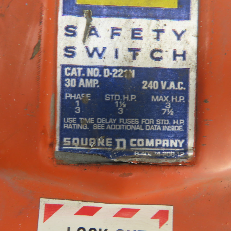 Square D D-221N 30A Fusible Safety Disconnect Switch 240VAC 1-1/2 To 7-1/2HP