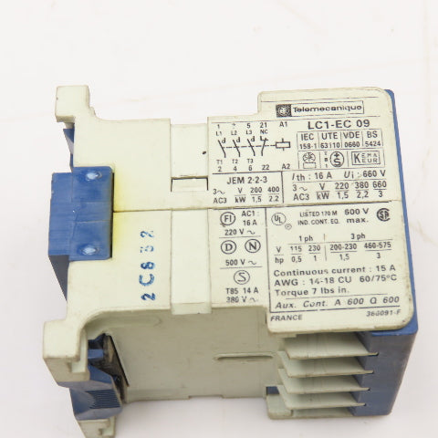 Telemecanique LC1-EC 9 600V 3Kw Contactor 24V 50/60Hz Coil