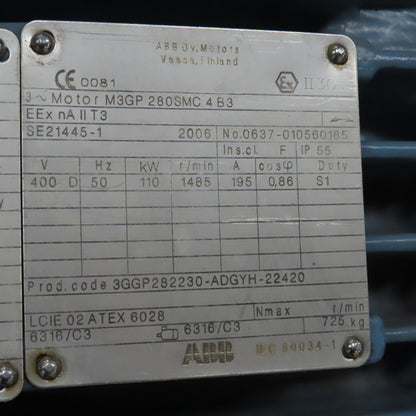 ABB M3GP-280SMC-4-B3 110kW AC Electric Motor 690/400V 50HZ 3PH 1485RPM 280 Frame