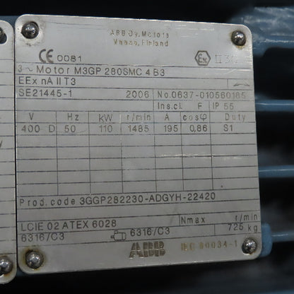 ABB M3GP-280SMC-4-B3 110kW AC Electric Motor 690/400V 50HZ 3PH 1485RPM 280 Frame