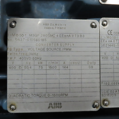 ABB M3GP-280SMC-4-B3 110kW AC Electric Motor 690/400V 50HZ 3PH 1485RPM 280 Frame
