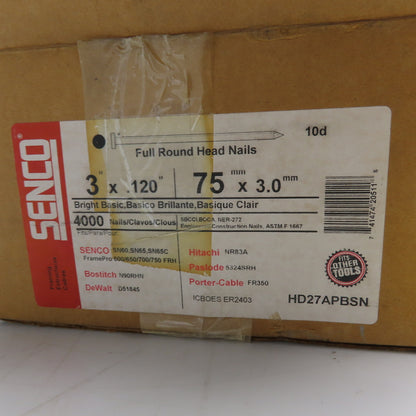 Senco HD27APBSN 3" x .120" Full Round Head 10D Framing Nails 30Lbs. Partial Box