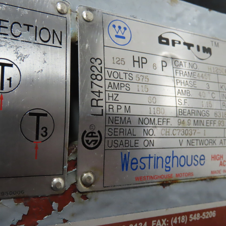 Westinghouse H12506TET5 125HP AC Electric Motor 1180RPM 575V 115A 3PH 445T Frame
