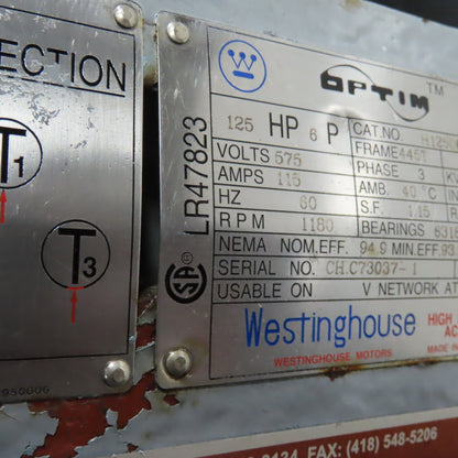 Westinghouse H12506TET5 125HP AC Electric Motor 1180RPM 575V 115A 3PH 445T Frame