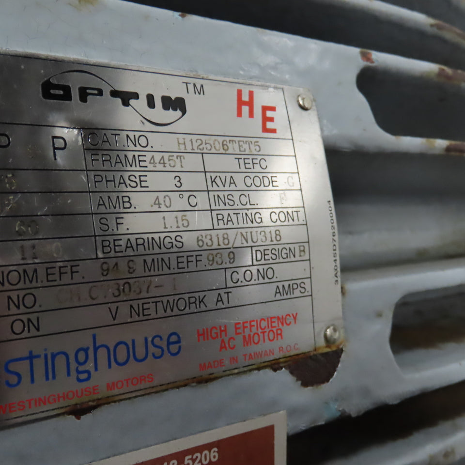 Westinghouse H12506TET5 125HP AC Electric Motor 1180RPM 575V 115A 3PH 445T Frame